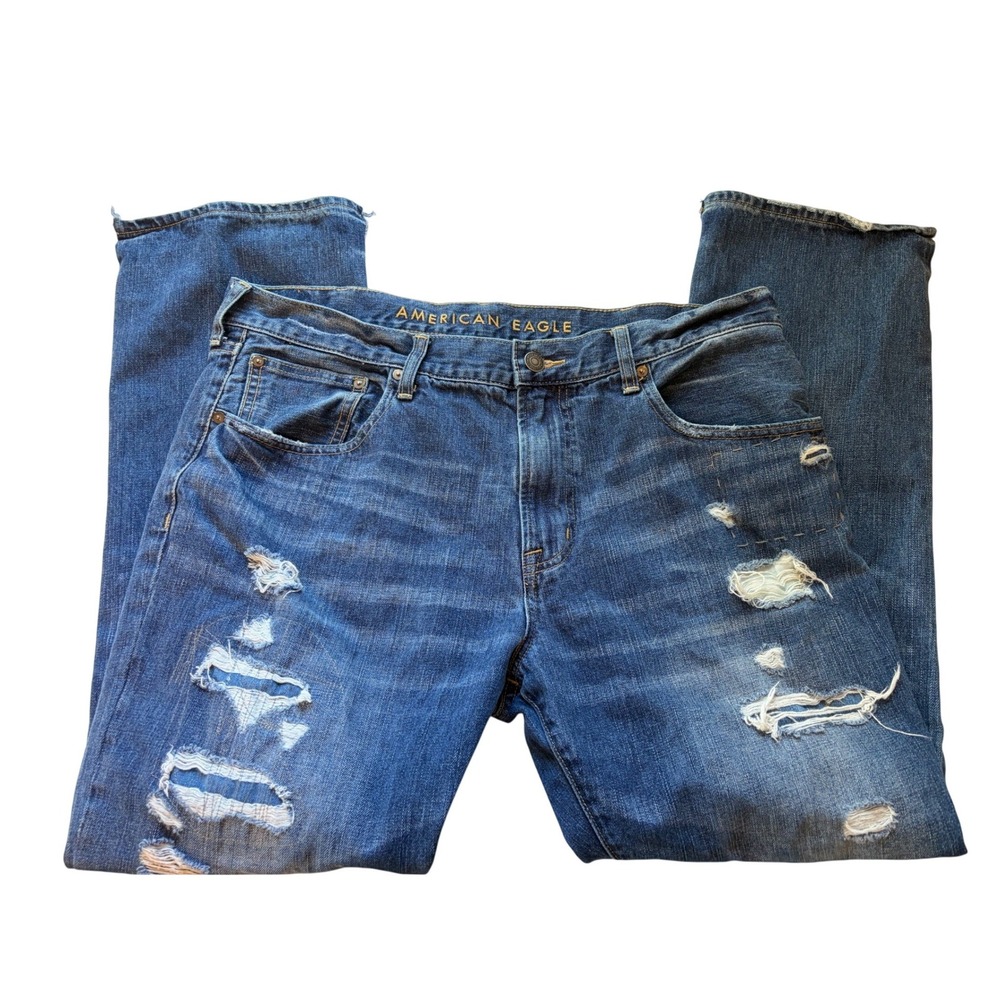 American Eagle‎ Mens Original Straight Distressed Jeans Blue 38x32 100% Cotton
